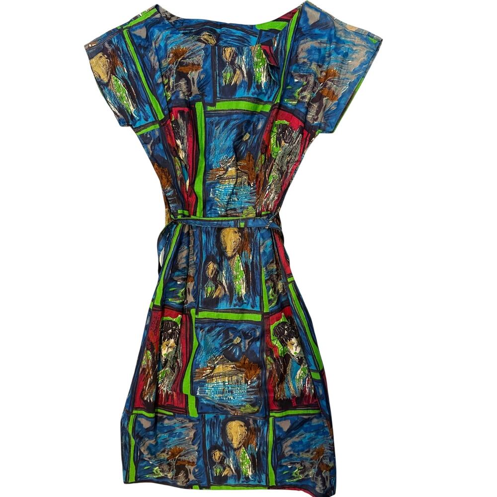 Vintage Signet Abstract Art Print Dress Belted 90s Midi Women
